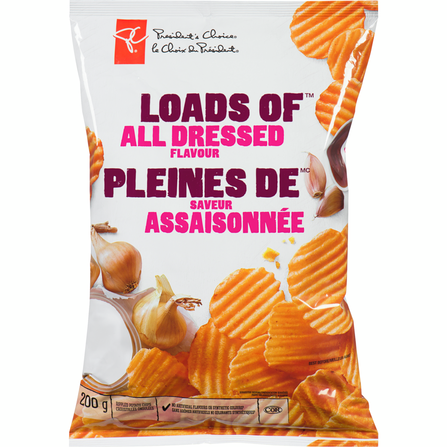 President's Choice Loads Of All Dressed Rippled Potato Chips, 200g – SipStop Direct President's Choice Loads Of All Dressed Rippled Potato Chips, 200g – SipStop Direct