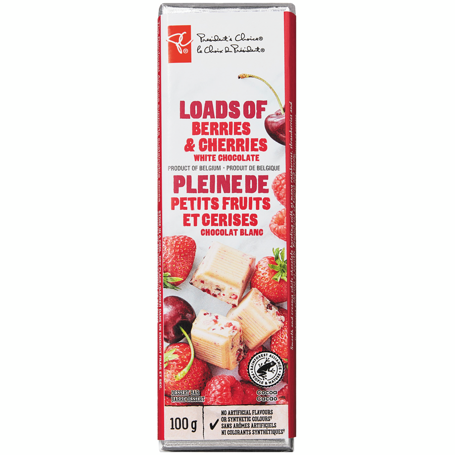 President's Choice Loads of Berries and Cherries White Chocolate Dessert Bar, 100g