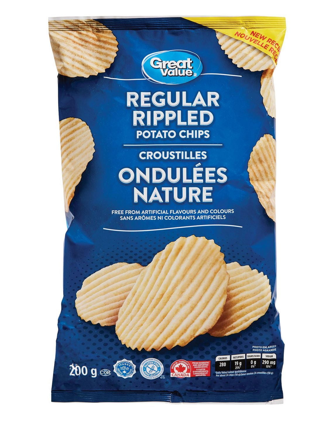 Great Value Canada Potato Chips, Regular Rippled, 200g