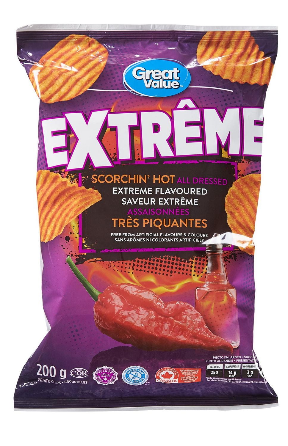 Great Value Canada Extreme Potato Chips, Scorchin’ Hot All Dressed Rippled, 200g