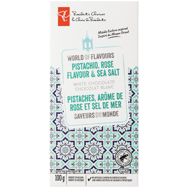 President's Choice World of Flavors Pistachio, Rose Flavor, and Sea Salt White Chocolate Dessert Bar, 100g