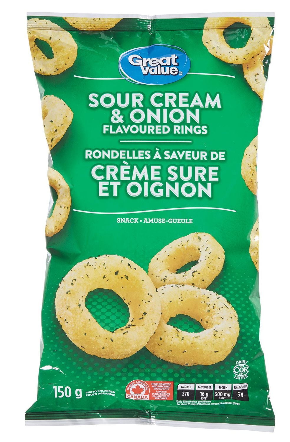 Great Value Canada Sour Cream & Onion Flavored Rings, 150g