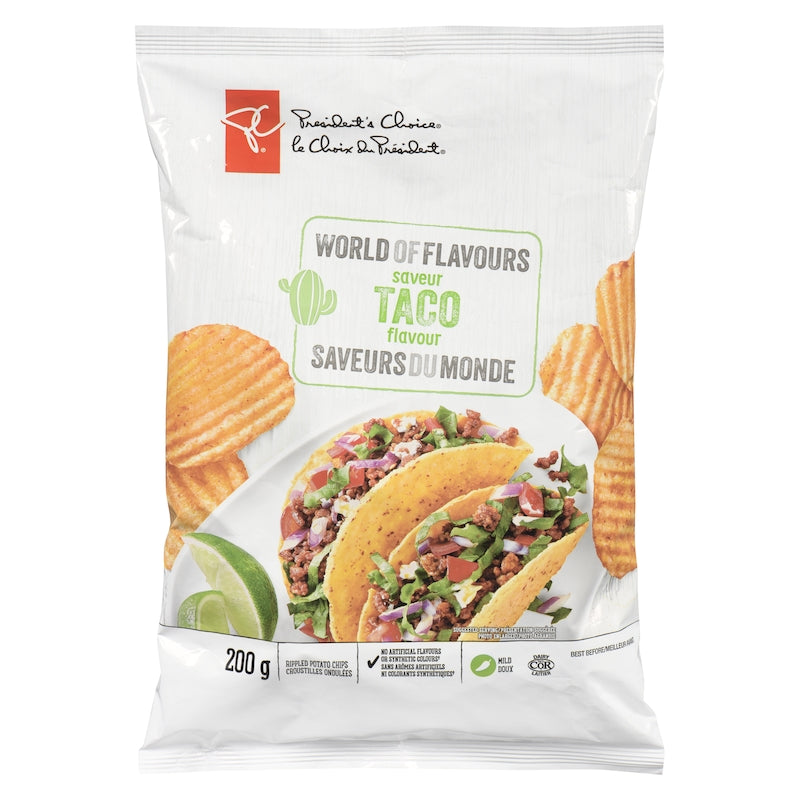 President's Choice World of Flavors Taco Flavor Rippled Potato Chips, 200g