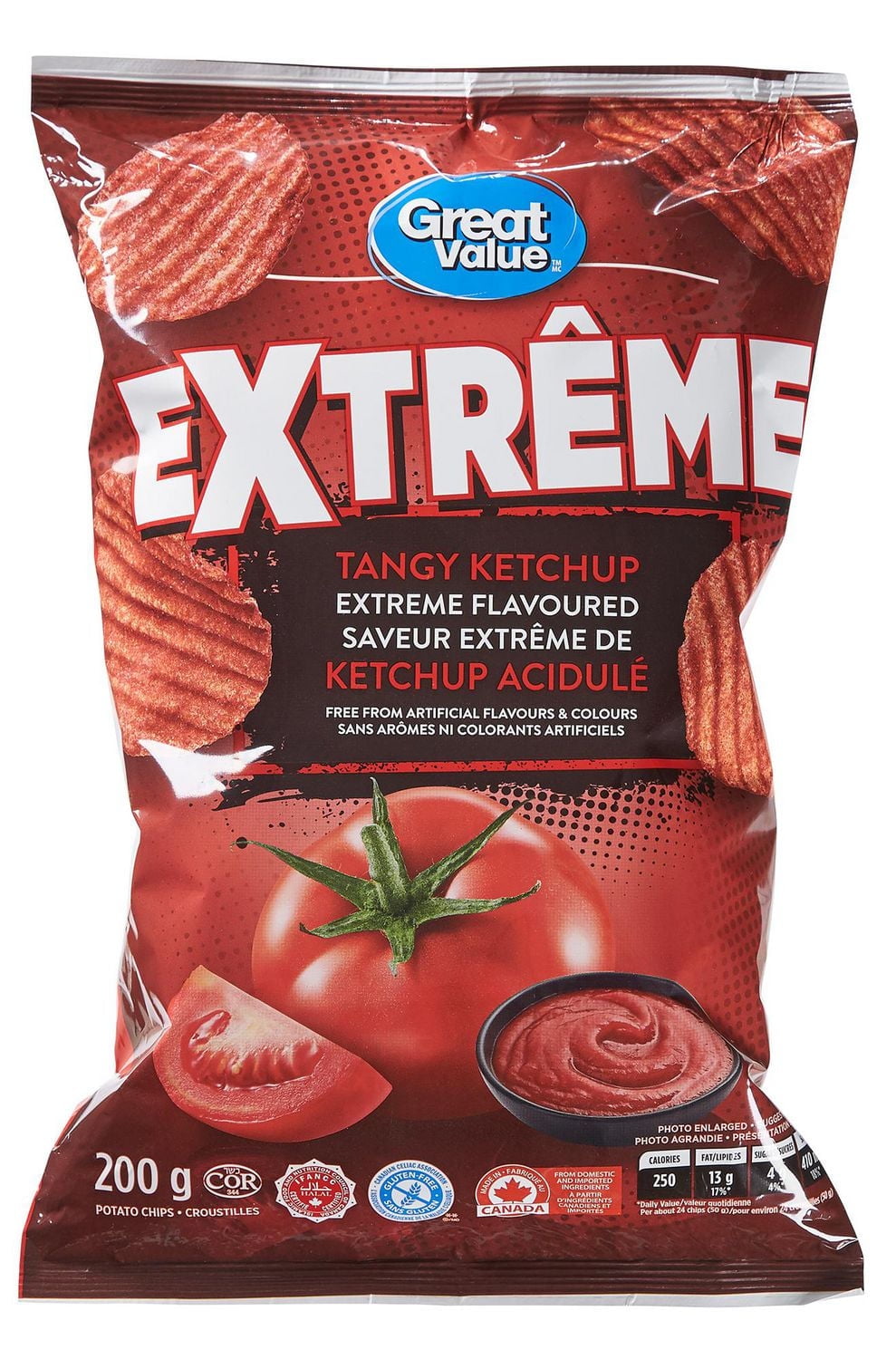 Great Value Canada Extreme Potato Chips, Tangy Ketchup Rippled, 200g