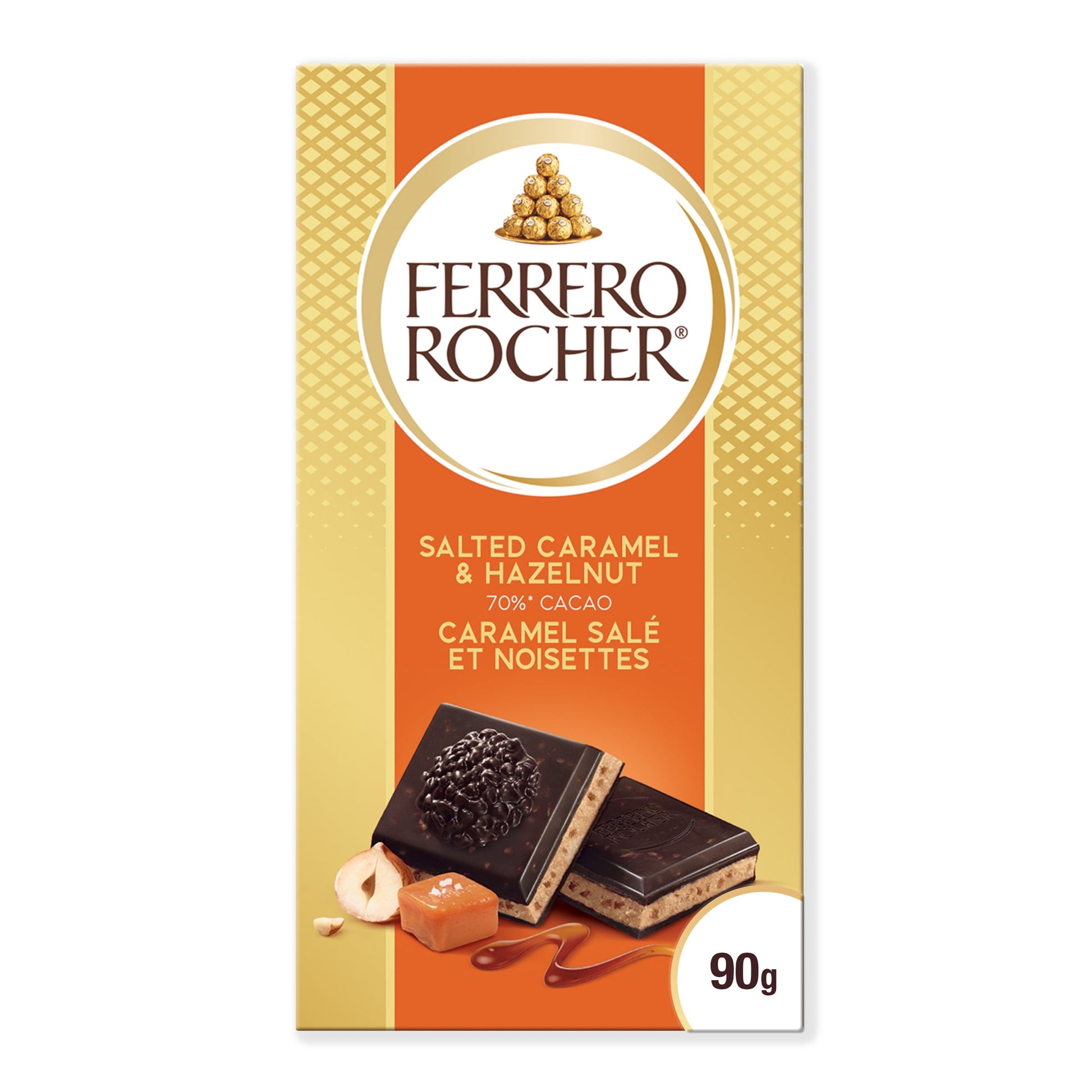 Ferrero Rocher Chocolate Bar, Salted Caramel and Hazelnut, 90g