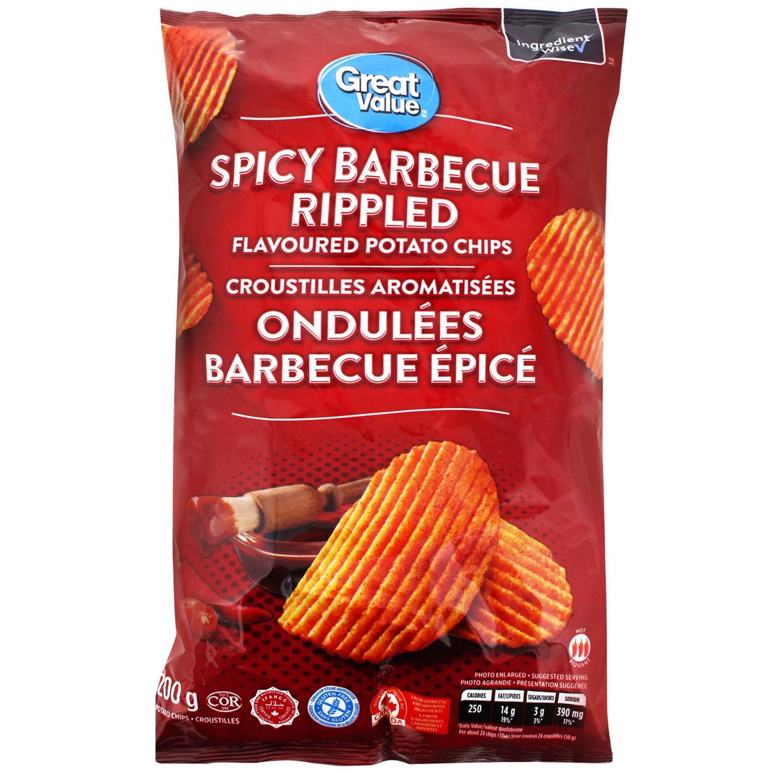 Great Value Canada Potato Chips, Spicy Barbecue Rippled, 200g