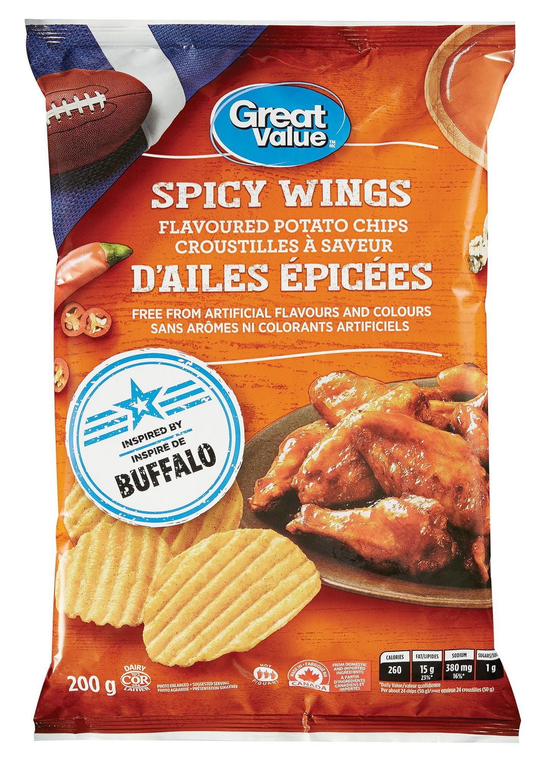 Great Value Canada Potato Chips, Spicy Wings Ruffled, 200g